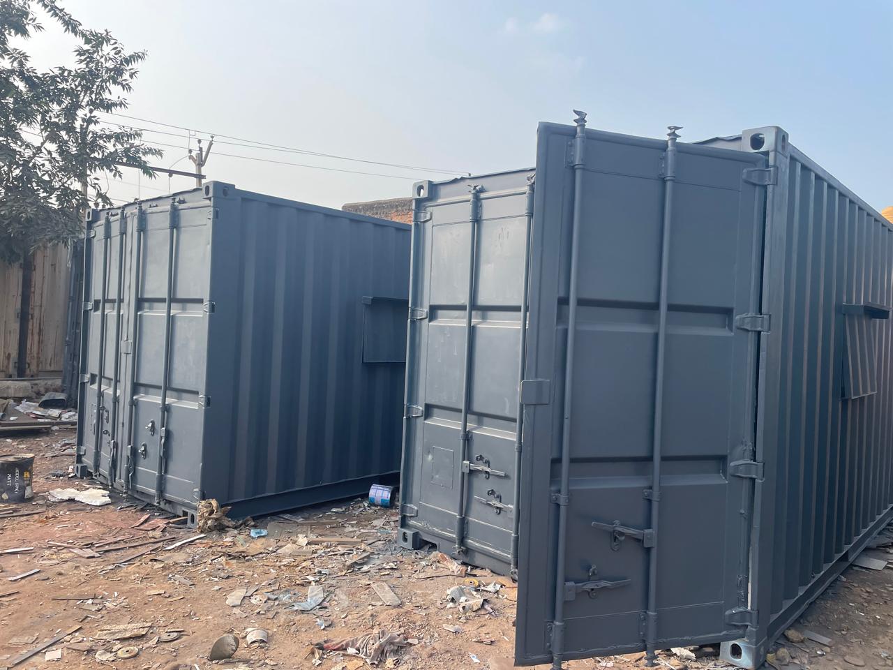 Container home exterior at sunset